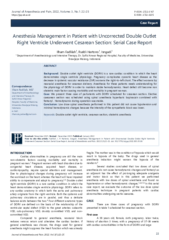 (PDF) Anesthesia Management in Patient with Uncorrected Double Outlet