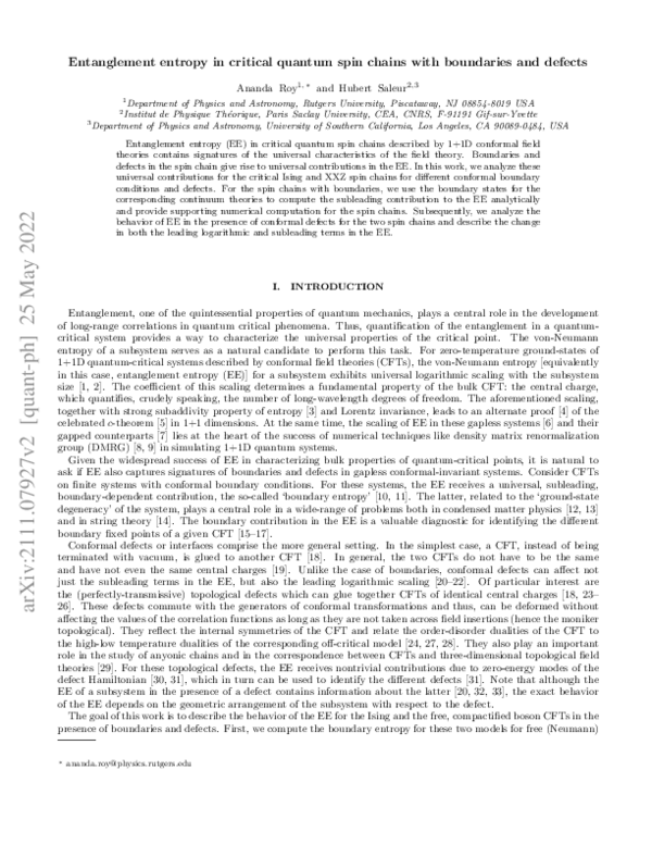 (PDF) Entanglement Entropy in Critical Quantum Spin Chains with ...