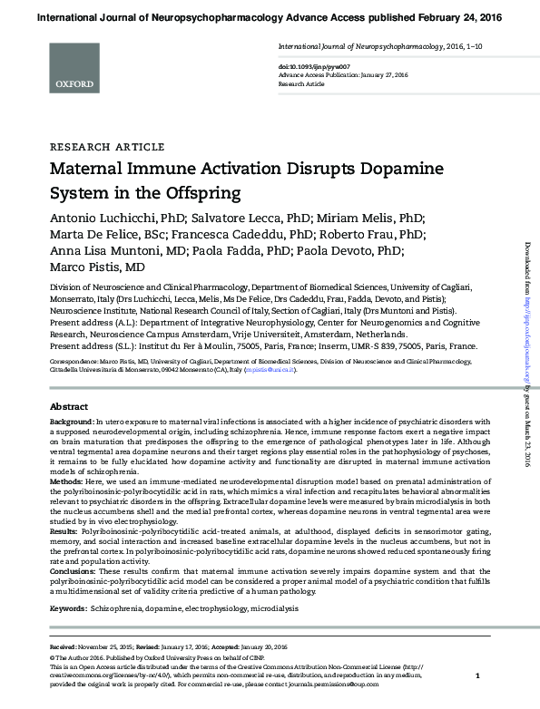 (PDF) Maternal Immune Activation Disrupts Dopamine System in the Offspring