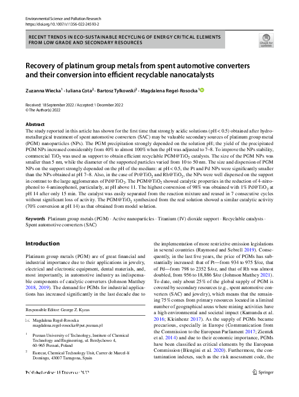 (PDF) Recovery of platinum group metals from spent automotive ...