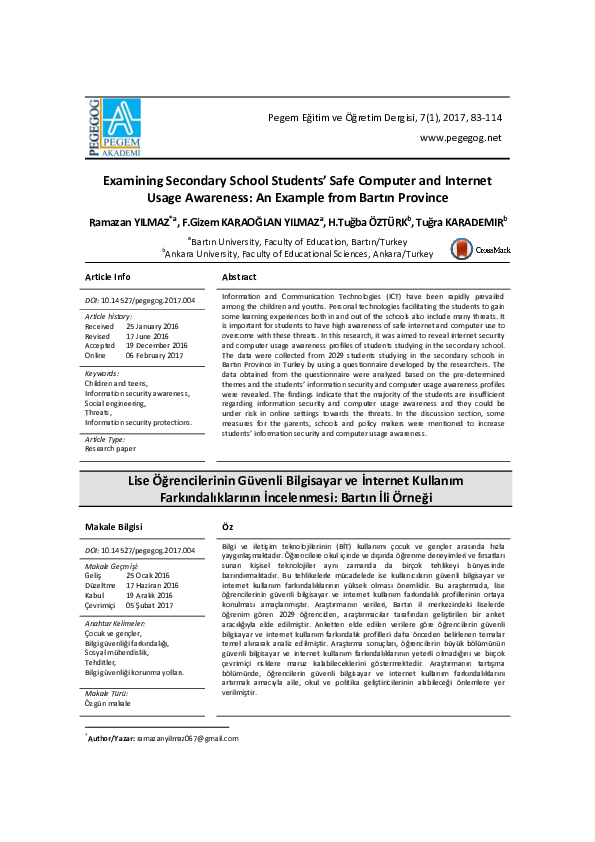 (PDF) Examining Secondary School Students' Safe Computer and Internet ...