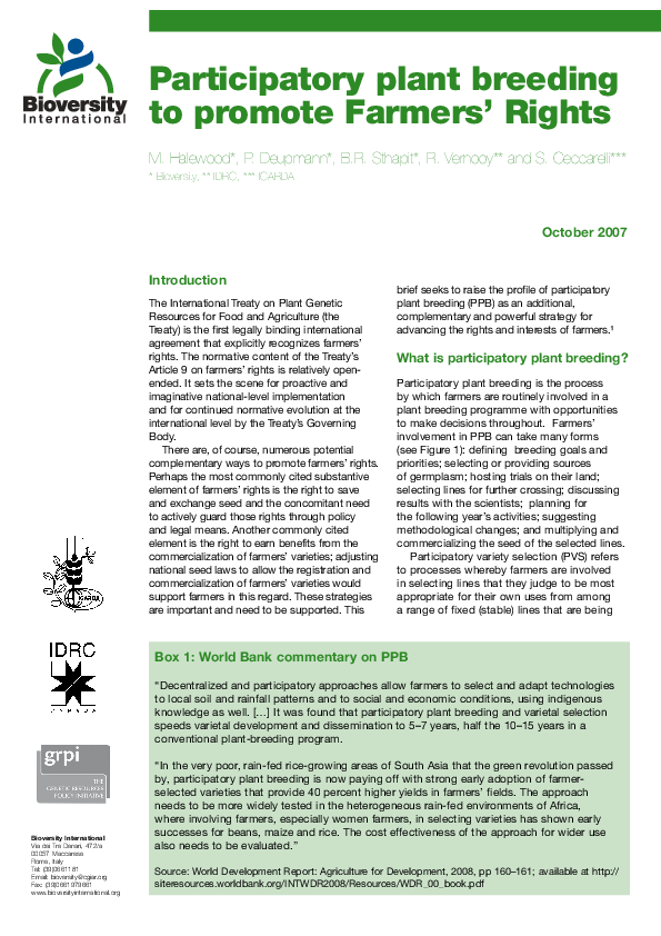 (PDF) Participatory Plant Breeding to Promote Farmer's Rights