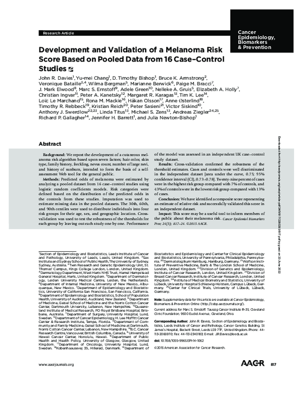 (PDF) Development and validation of a melanoma risk score based on ...