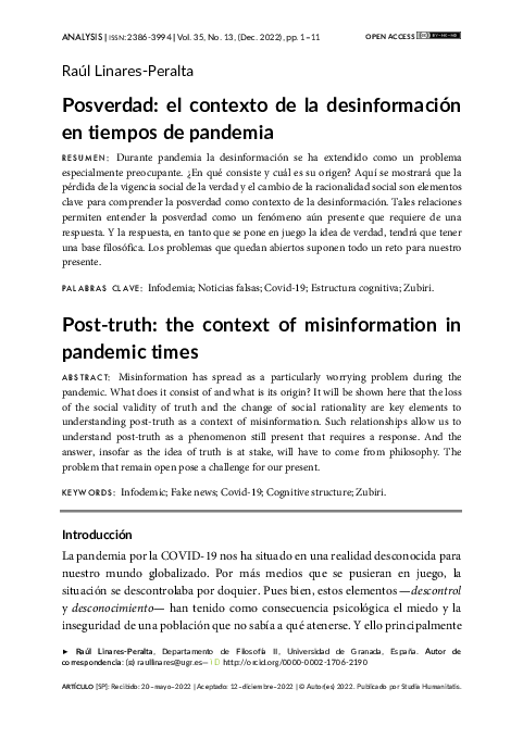 (PDF) Posverdad: el contexto de la desinformación en tiempos de pandemia