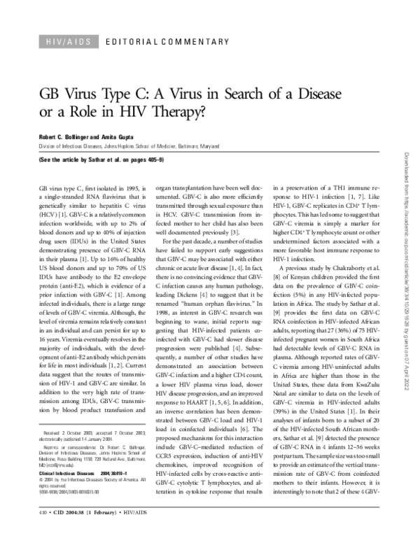 Editorial Commentary: GB Virus Type C: A Virus in Search of a Disease or a Role in HIV Therapy?