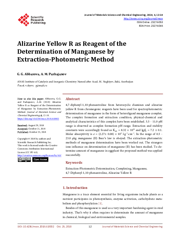 (PDF) Alizarine Yellow R as Reagent of the Determination of Manganese ...