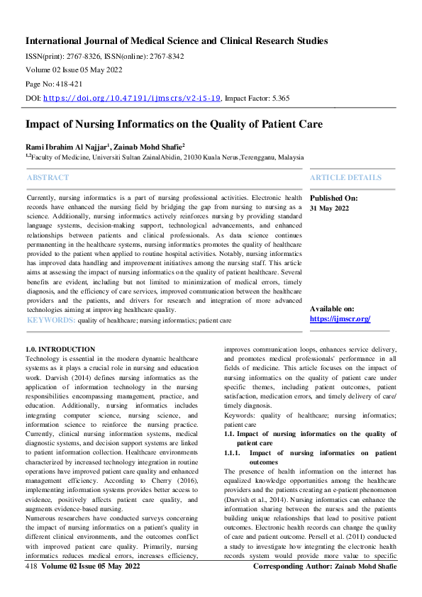 (PDF) Impact of Nursing Informatics on the Quality of Patient Care