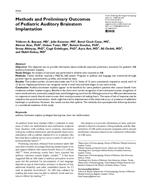 (PDF) Methods and Preliminary Outcomes of Pediatric Auditory Brainstem ...