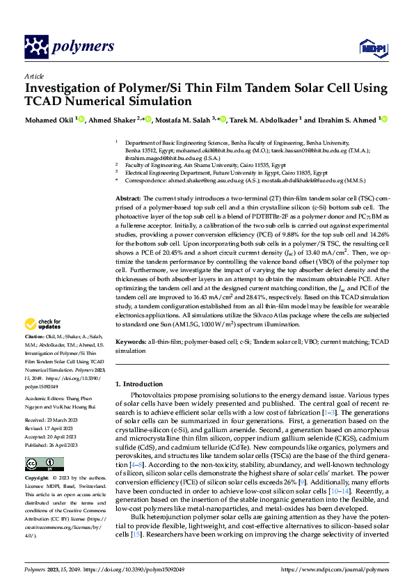 (PDF) Investigation of Polymer/Si Thin Film Tandem Solar Cell Using ...