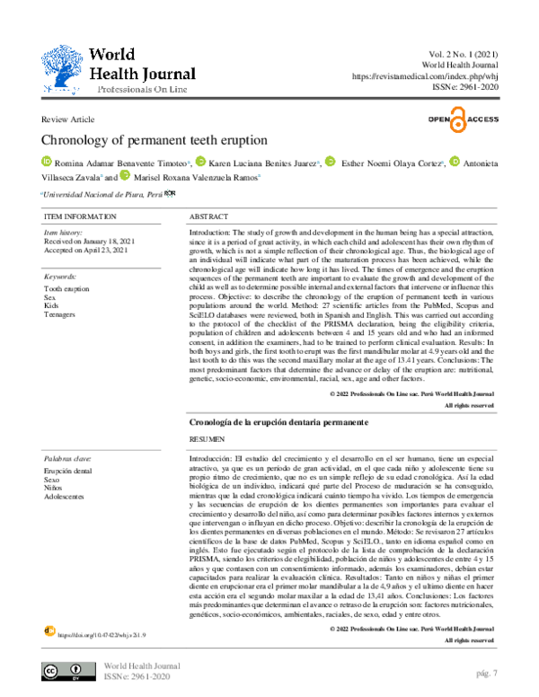 (PDF) Chronology of permanent teeth eruption