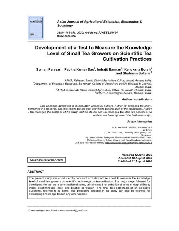 (PDF) Development of a Test to Measure the Knowledge Level of Small Tea ...