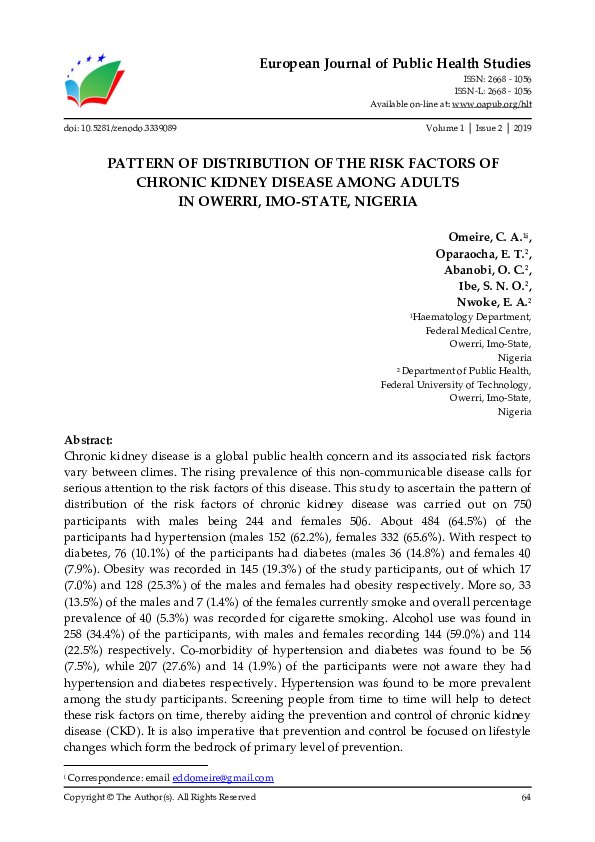 (PDF) Pattern of Distribution of the Risk Factors of Chronic Kidney ...