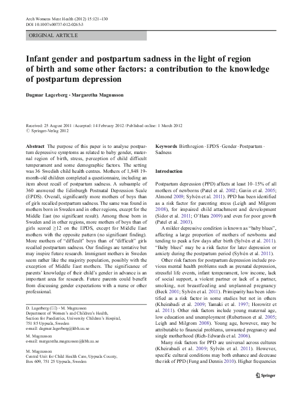 (PDF) Infant gender and postpartum sadness in the light of region of ...
