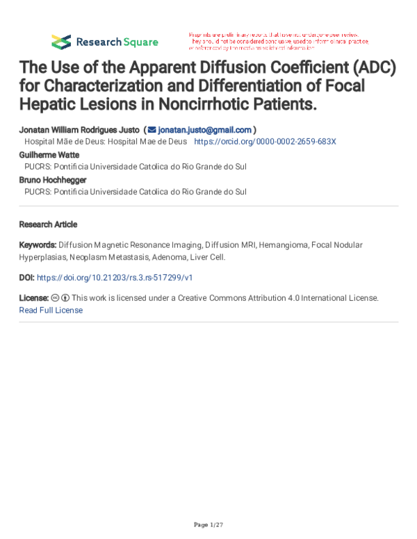 (PDF) The Use of the Apparent Diffusion Coefficient (ADC) for ...