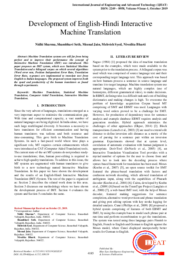 (PDF) Development of English-Hindi Interactive Machine Translation