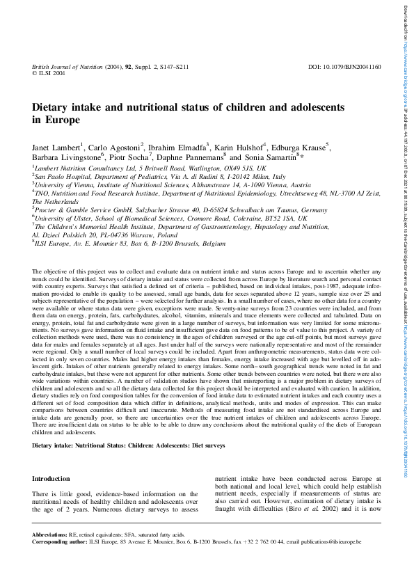 (PDF) Dietary intake and nutritional status of children and adolescents ...