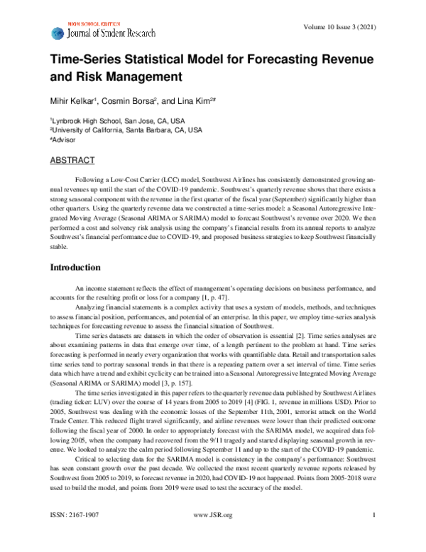 (PDF) Time-Series Statistical Model for Forecasting Revenue and Risk ...