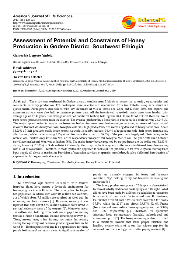 PDF Assessment of Potential and Constraints of Honey Production  