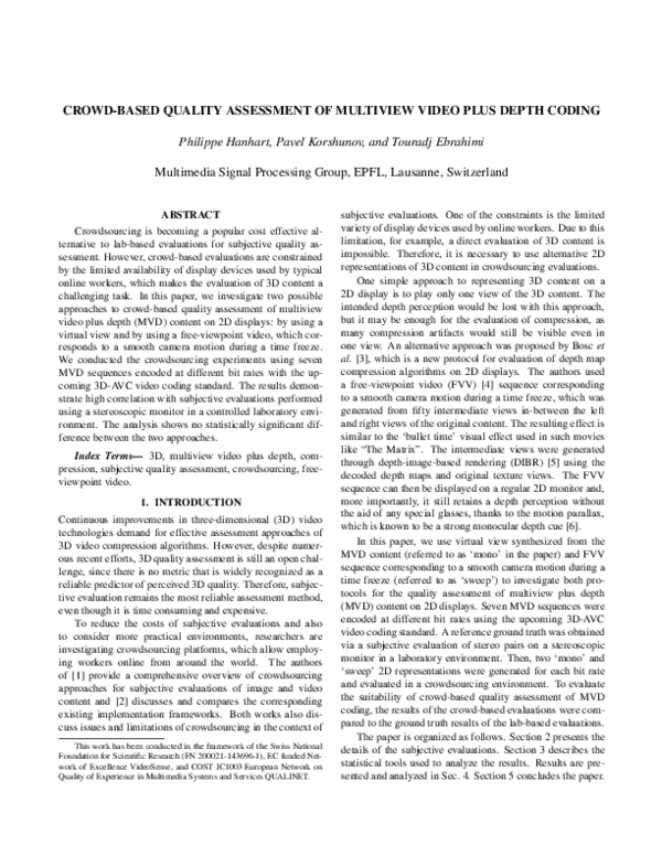 (PDF) Crowd-based quality assessment of multiview video plus depth coding