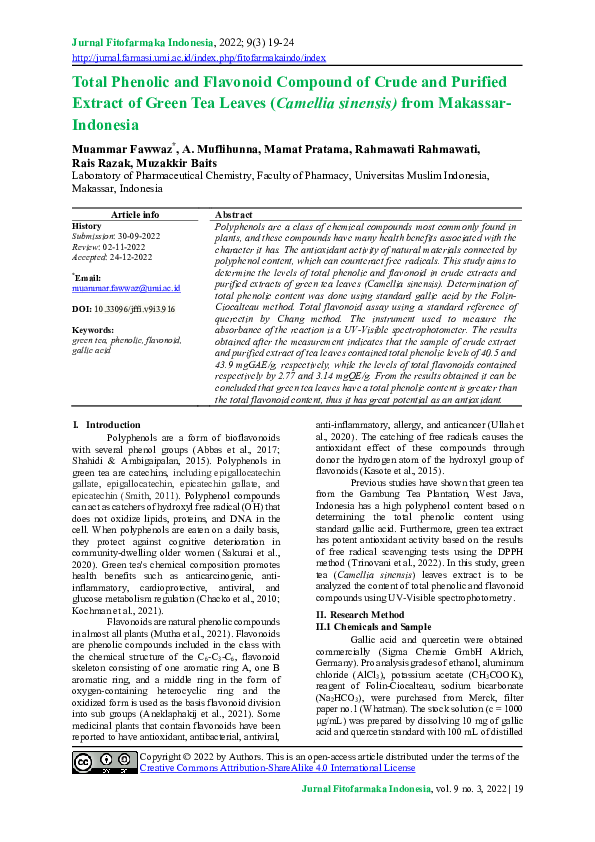 (PDF) Total phenolic and flavonoid compound of crude and purified