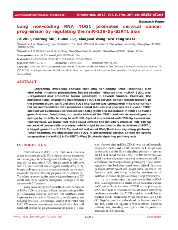 (PDF) Long non-coding RNA TUG1 promotes cervical cancer progression by ...