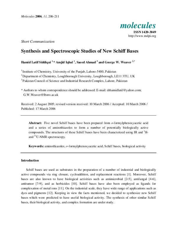 (PDF) Synthesis and Spectroscopic Studies of New Schiff Bases