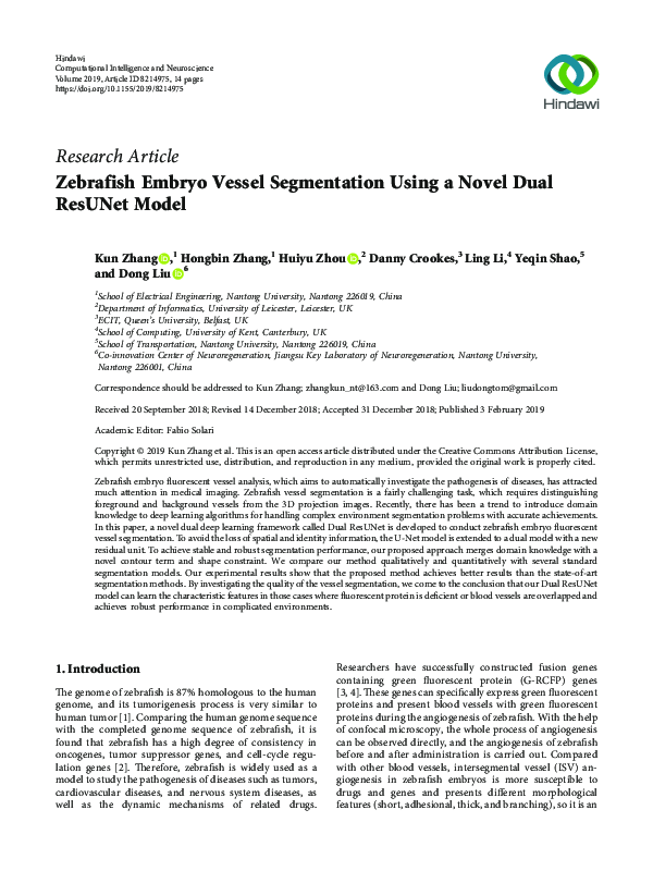 (PDF) Zebrafish Embryo Vessel Segmentation Using a Novel Dual ResUNet Model