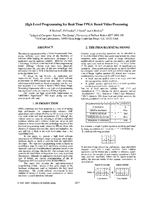 (PDF) High level programming for real time FPGA based video processing