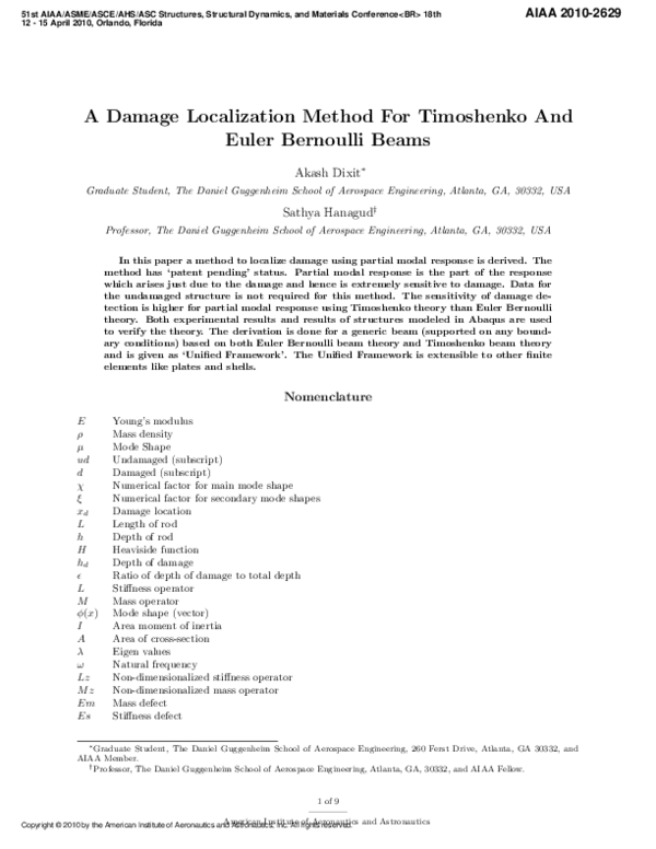 (PDF) A Damage Localization Method For Timoshenko And Euler Bernoulli Beams