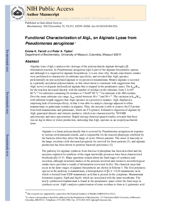 (PDF) Functional Characterization of AlgL, an Alginate Lyase from ...