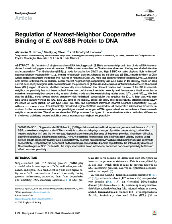 (PDF) Regulation of Nearest-Neighbor Cooperative Binding of E. coli SSB ...