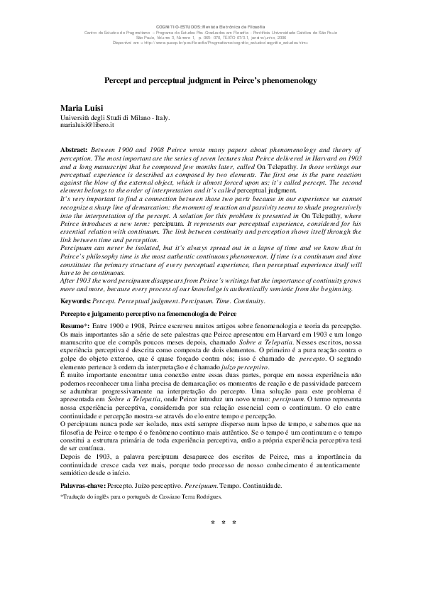 (PDF) Percept and perceptual judgment in Peirce’s phenomenology
