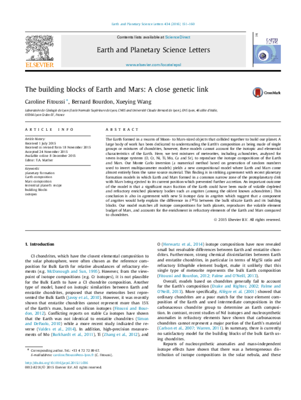 (PDF) The building blocks of Earth and Mars: A close genetic link