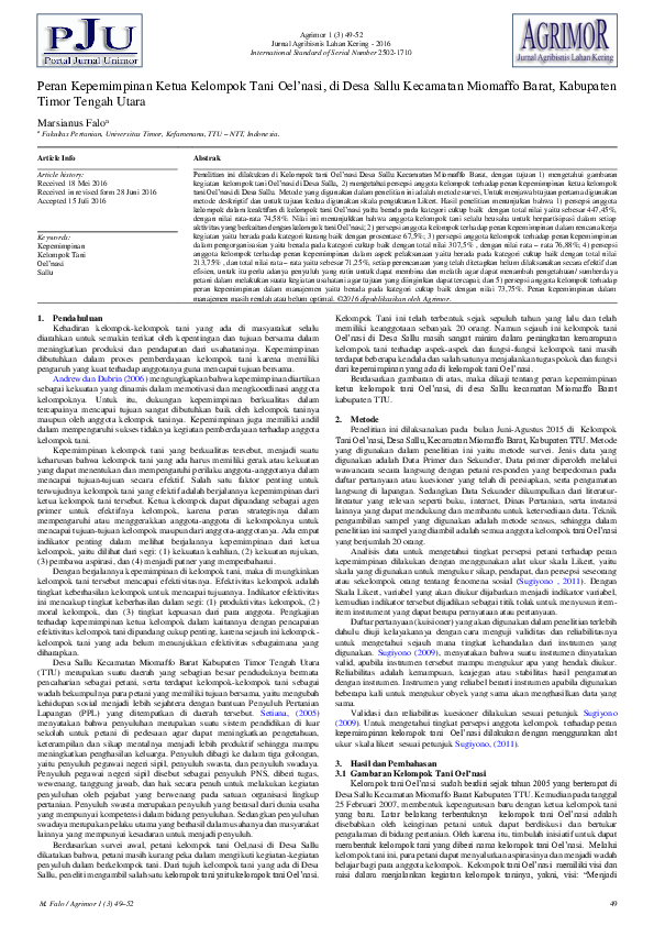 Peran Kepemimpinan Ketua Kelompok Tani Oel’nasi, di Desa Sallu Kecamatan Miomaffo Barat, Kabupaten Timor Tengah Utara