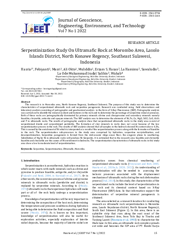 (PDF) Serpentinization Study On Ultramafic Rock at Morombo Area, Lasolo ...