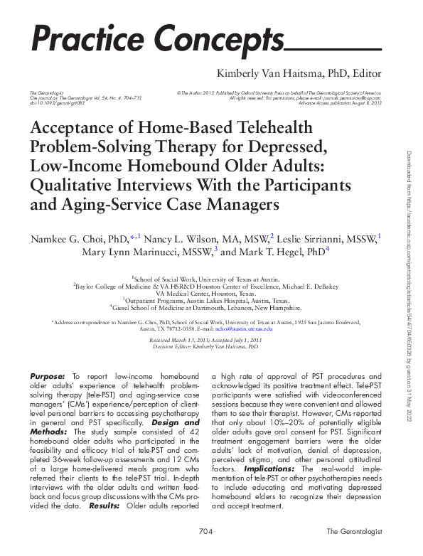 (PDF) Acceptance of Home-Based Telehealth Problem-Solving Therapy for ...