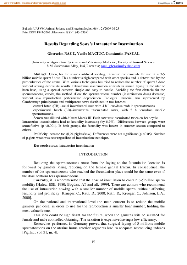 (PDF) Results Regarding Sows's Intrauterine Insemination | Constantin ...