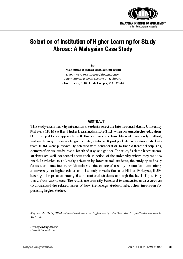 (PDF) Selection of institution of higher learning for study abroad: a ...