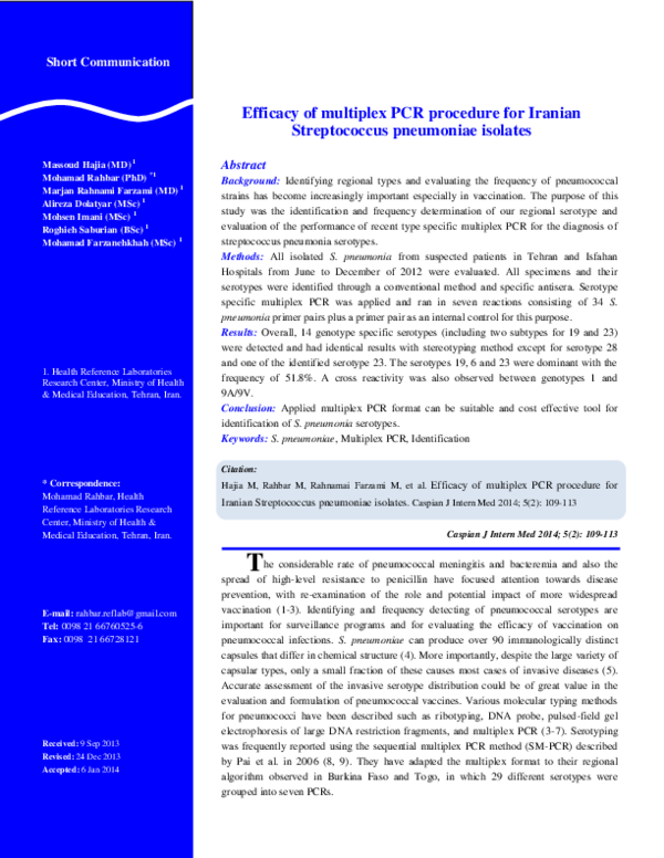 (PDF) Efficacy of multiplex PCR procedure for Iranian Streptococcus ...