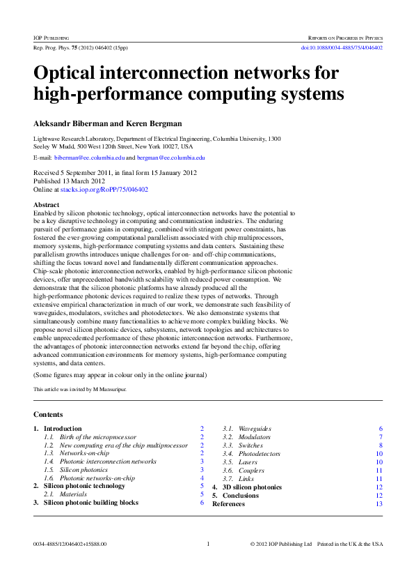 (PDF) Optical interconnection networks for high-performance computing ...