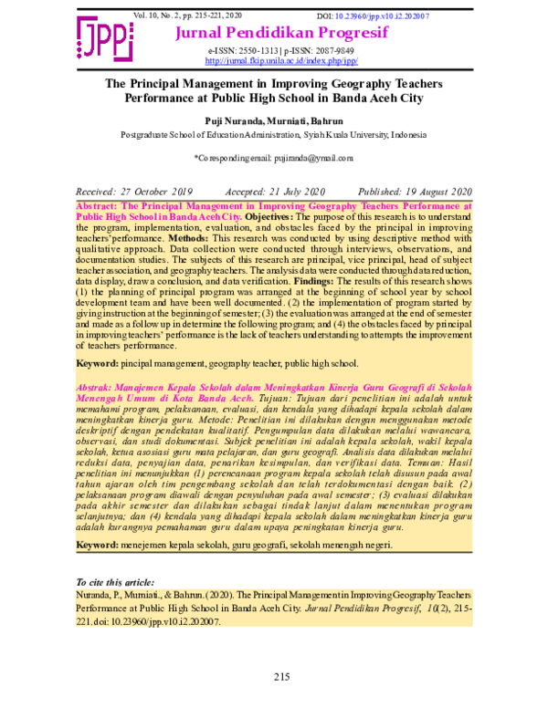 (PDF) The Principal Management in Improving Geography Teachers ...