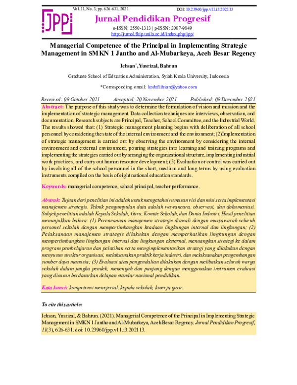 (PDF) Managerial Competence of the Principal in Implementing Strategic ...