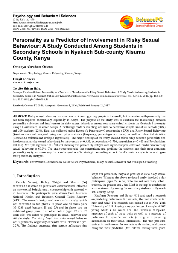 (PDF) Personality as a Predictor of Involvement in Risky Sexual ...