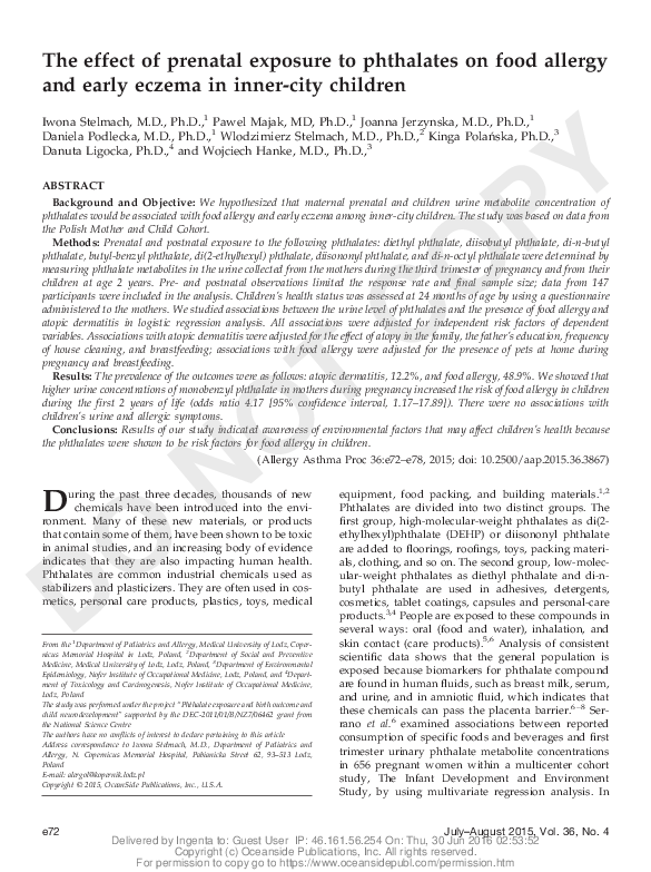 (PDF) The effect of prenatal exposure to phthalates on food allergy and ...