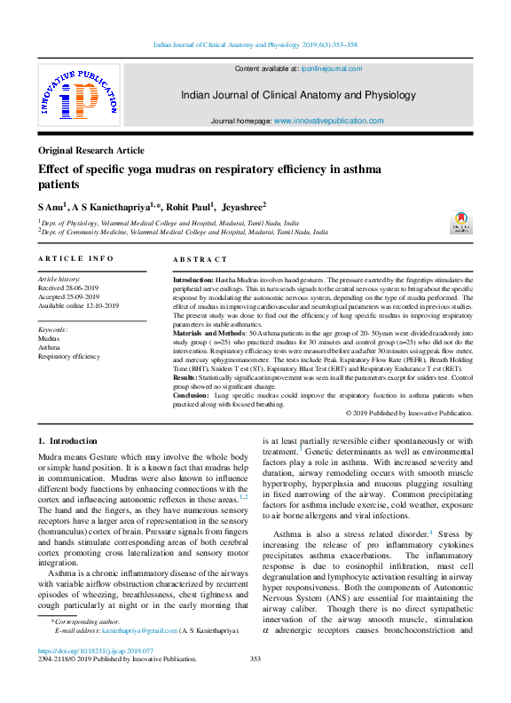 (PDF) Effect of specific yoga mudras on respiratory efficiency in ...
