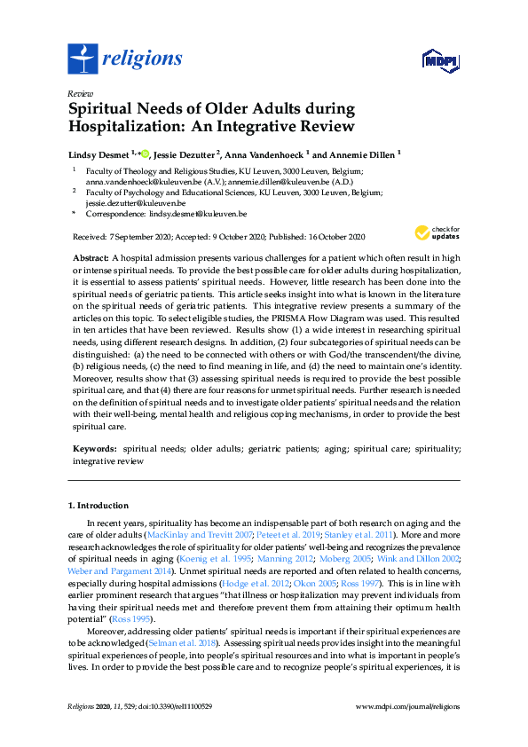 (PDF) Spiritual Needs of Older Adults during Hospitalization: An ...