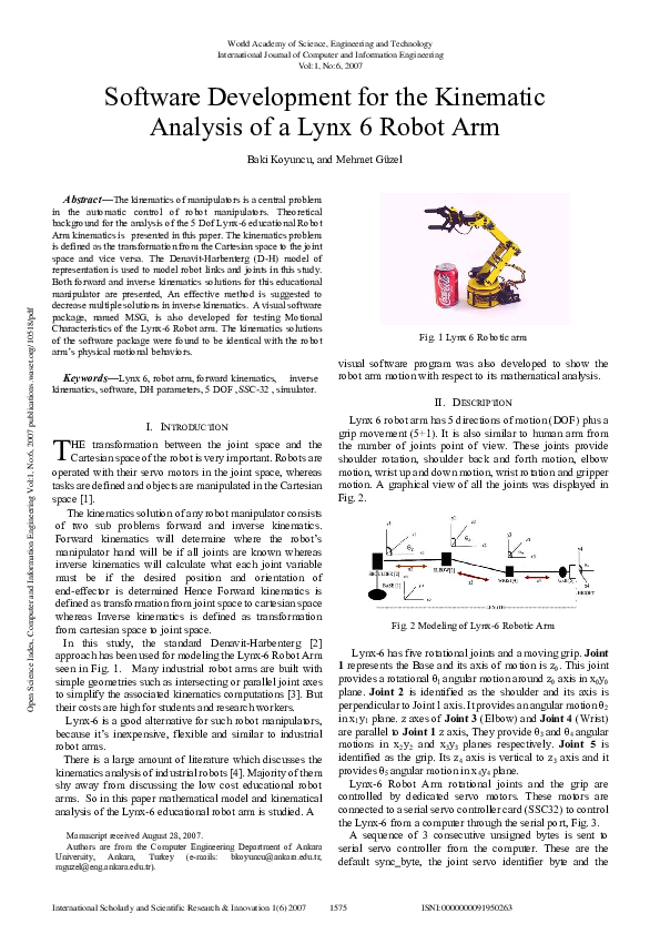 (PDF) Software Development For The Kinematic Analysis Of A Lynx 6 Robot Arm