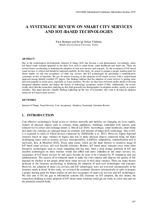 (PDF) A Systematic Review on Smart City Services and Iot-Based Technologies