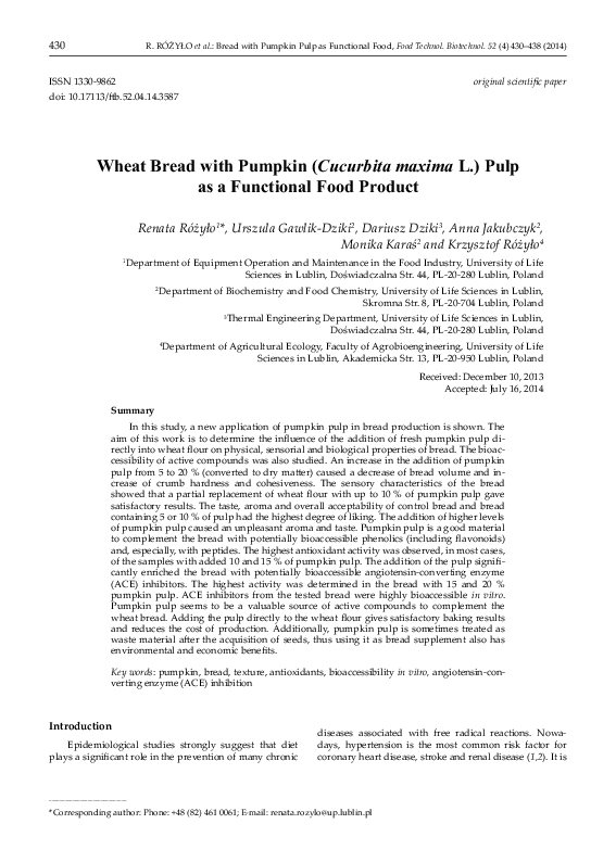 (PDF) Wheat Bread with Pumpkin (Cucurbita maxima L.) Pulp as a ...