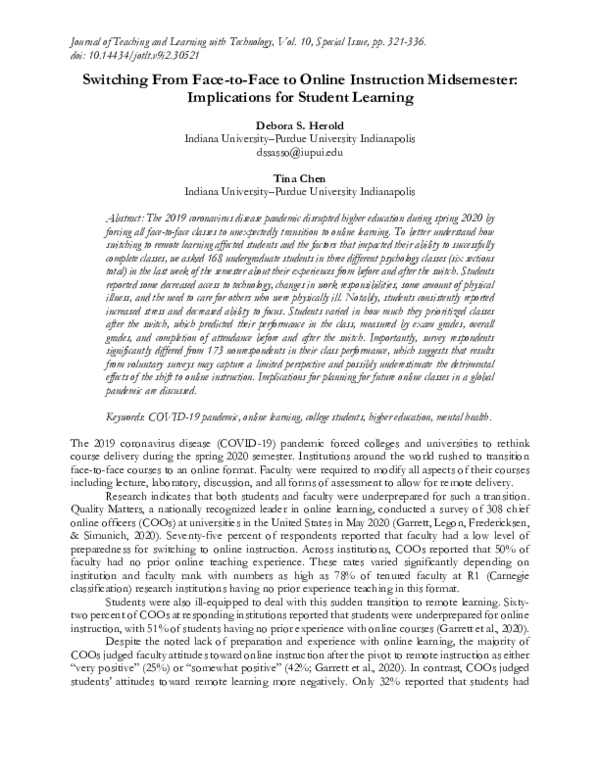 (PDF) Switching from Face-to-Face to Online Instruction Midsemester ...
